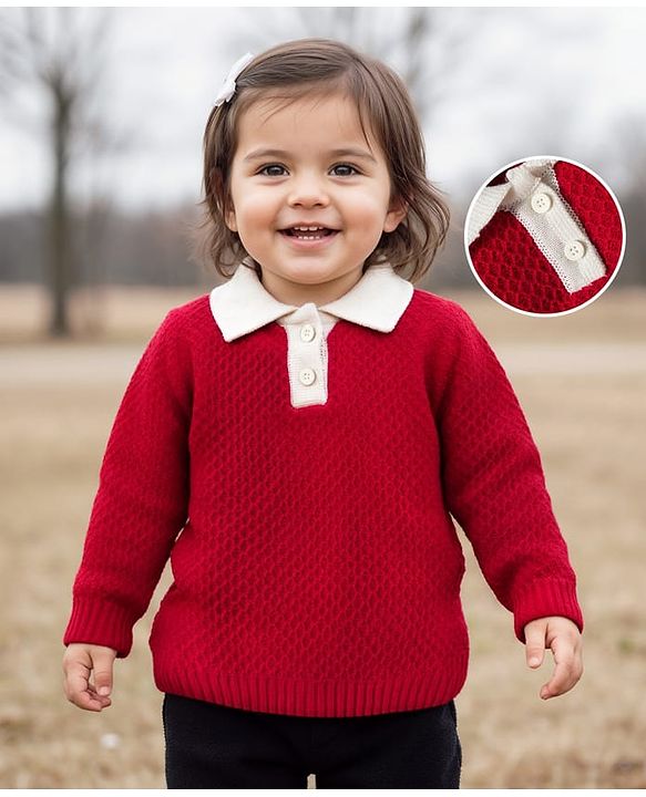 Babyhug Knitted Full Sleeves Solid Color Pullover Sweater with Polo Collar - Red