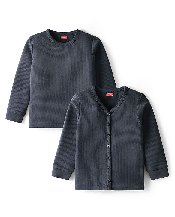 Babyhug Cotton Knit Full Sleeves Solid Colour Thermal Inner Wear Pack Of 2 - Navy Blue