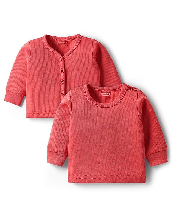 Babyhug Knit Full Sleeves Solid Pullover & Front Open Thermal Vest Pack of 2 - Coral