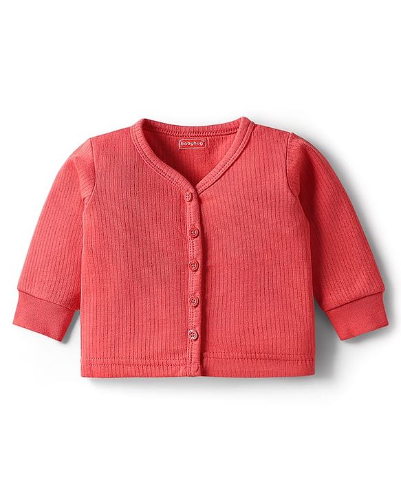 Babyhug Knit Full Sleeves Solid Pullover & Front Open Thermal Vest Pack of 2 - Coral