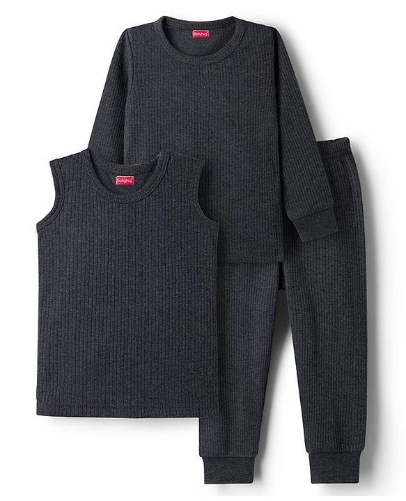 Babyhug Knit Full Sleeves Solid Thermal Set With Vest - Charcoal Grey