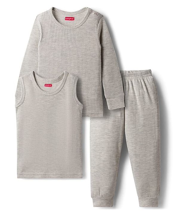 Babyhug Knit Full Sleeves Solid Color Pullover & Sleeveless Thermal Vest & Pant Set - Light Grey