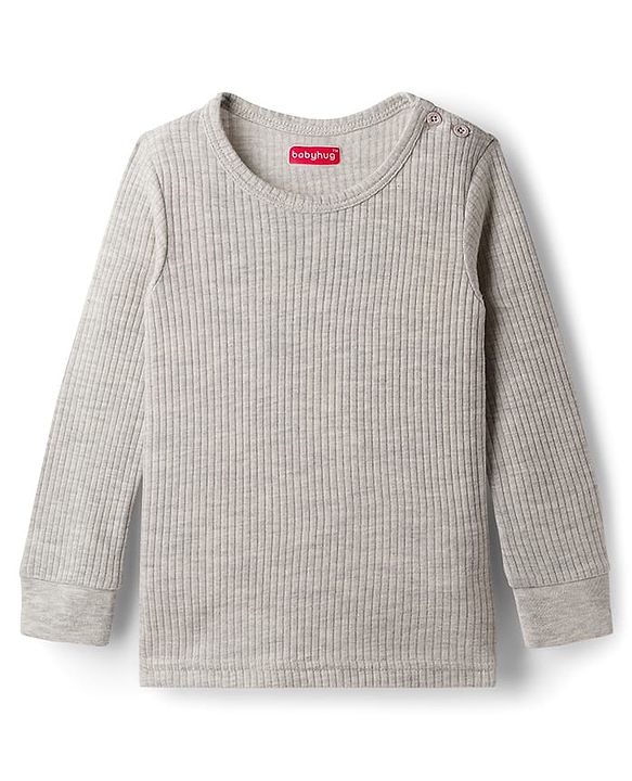 Babyhug Knit Full Sleeves Solid Color Pullover & Sleeveless Thermal Vest & Pant Set - Light Grey