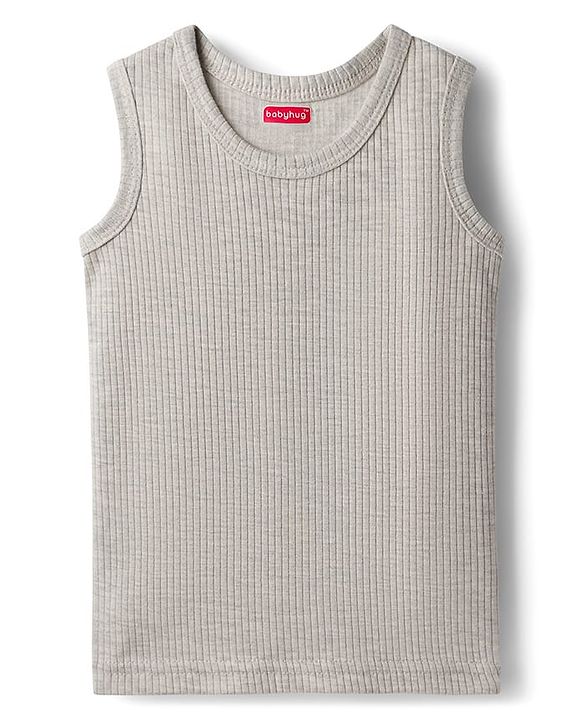 Babyhug Knit Full Sleeves Solid Color Pullover & Sleeveless Thermal Vest & Pant Set - Light Grey