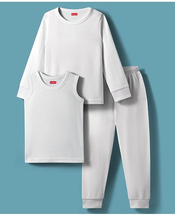 Babyhug Knit Full Sleeves Solid Color Pullover & Sleeveless Thermal Vests & Pant Set - Offwhite