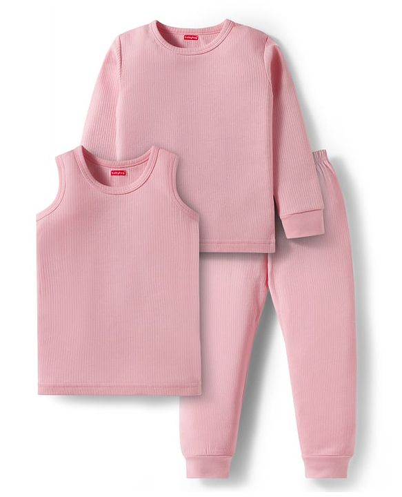 Babyhug Cotton Knit Full Sleeves Solid Thermal Vest & Pant Set - Pink