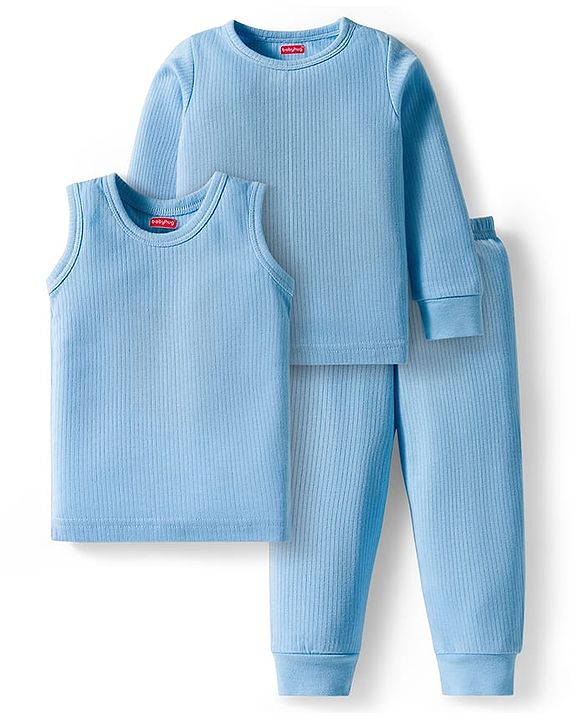 Babyhug Knit Full Sleeves Solid Pullover Thermal Set - Light Blue
