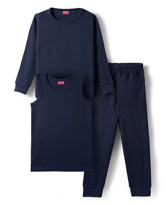 Babyhug Knit Solid Color Full Sleeves Pullover & Sleeveless Thermal Vest & Pant Set - Navy Blue