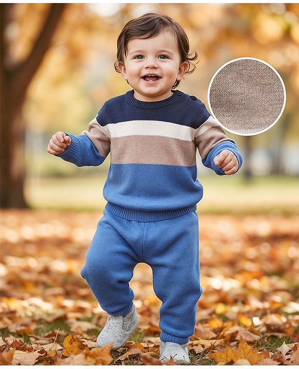 Babyhug Knit Full Sleeves Color Block Pullover Sweater Set - Blue
