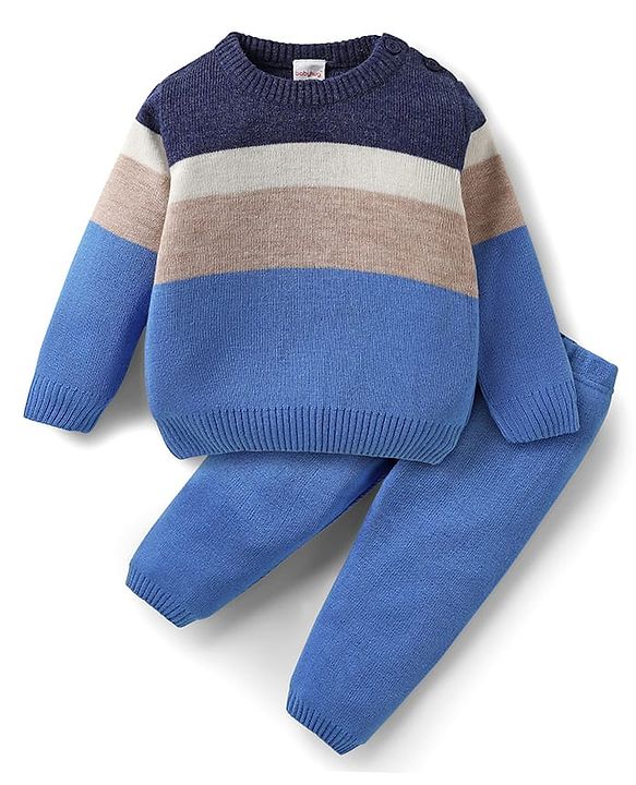 Babyhug Knit Full Sleeves Color Block Pullover Sweater Set - Blue
