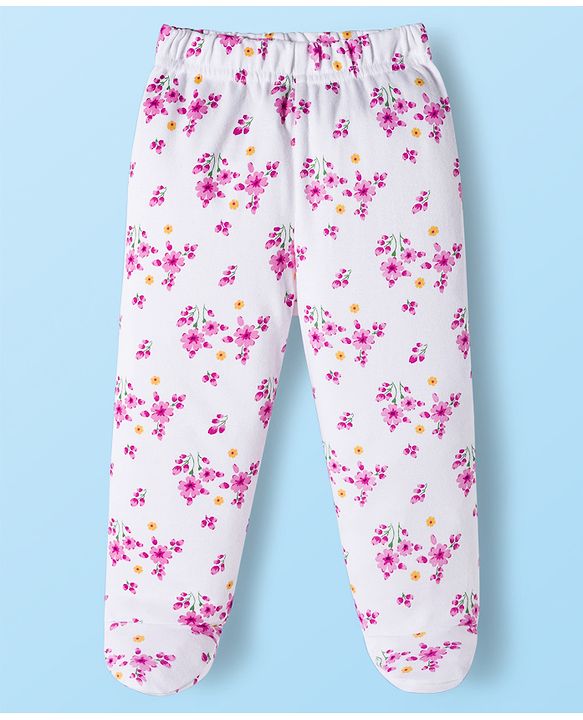 Babyhug Cotton Knit Full Length Bootie Leggings With Polka Dot & Floral Print Pack Of 3 - White Pink & Yellow