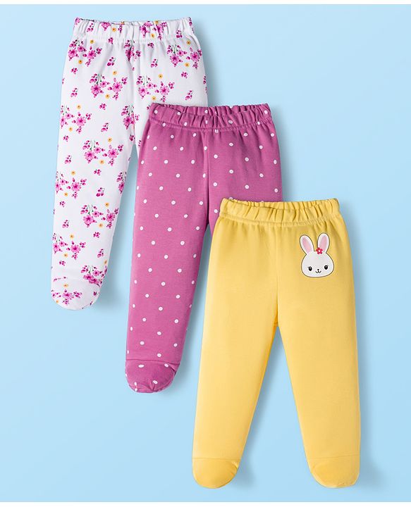 Babyhug Cotton Knit Full Length Bootie Leggings With Polka Dot & Floral Print Pack Of 3 - White Pink & Yellow