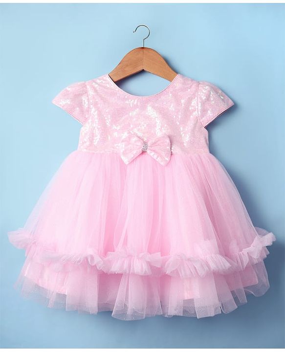 Babyhug Woven Cap Sleeves Mesh Sequinned Yoke Party Dress with Headband & Booties - Light Pink