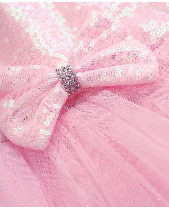 Babyhug Woven Cap Sleeves Mesh Sequinned Yoke Party Dress with Headband & Booties - Light Pink