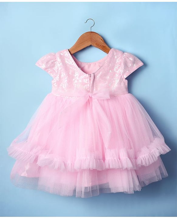 Babyhug Woven Cap Sleeves Mesh Sequinned Yoke Party Dress with Headband & Booties - Light Pink