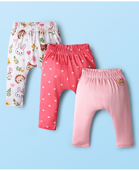 Babyhug Cotton Knit Full Length Diaper Leggings With Bunny & Heart Print Pack Of 3 - Pink & White