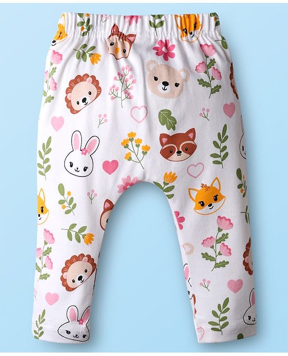 Babyhug Cotton Knit Full Length Diaper Leggings With Bunny & Heart Print Pack Of 3 - Pink & White