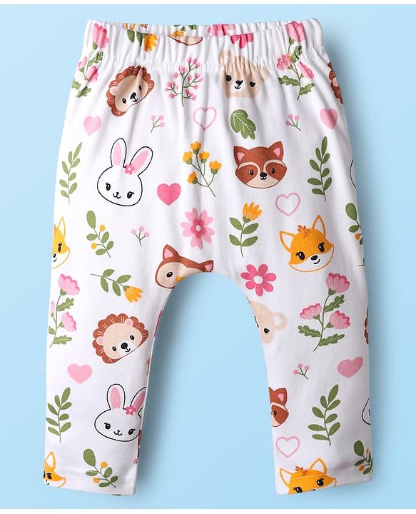 Babyhug Cotton Knit Full Length Diaper Leggings With Bunny & Heart Print Pack Of 3 - Pink & White
