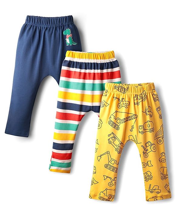 Babyhug Cotton Knit Full Length Stripes Dino & Vehicles Printed Diaper Leggings Pack Of 3 - Multi Colour