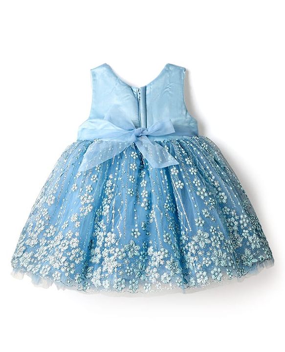 Babyhug Woven Sleeveless Flare Mesh Dress with Floral Detailing & Bow Applique - Light Blue