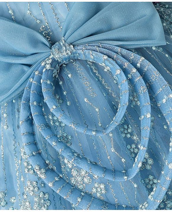 Babyhug Woven Sleeveless Flare Mesh Dress with Floral Detailing & Bow Applique - Light Blue