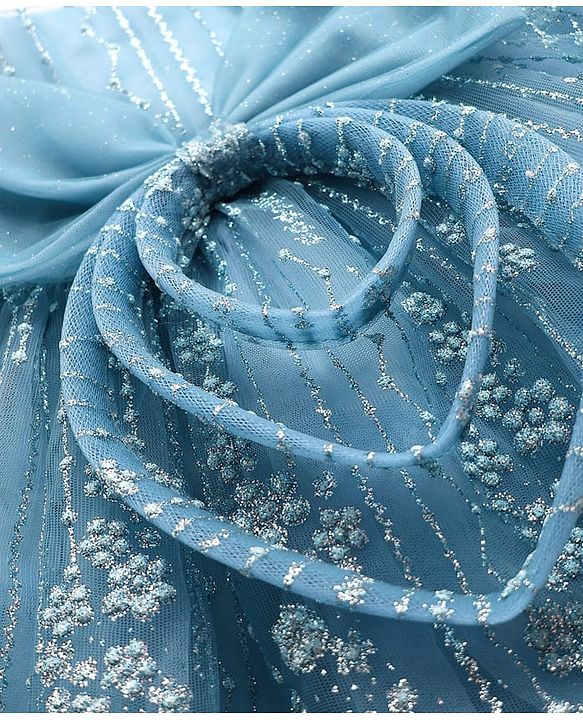 Babyhug Woven Sleeveless Flare Mesh Dress with Floral Detailing & Bow Applique - Light Blue