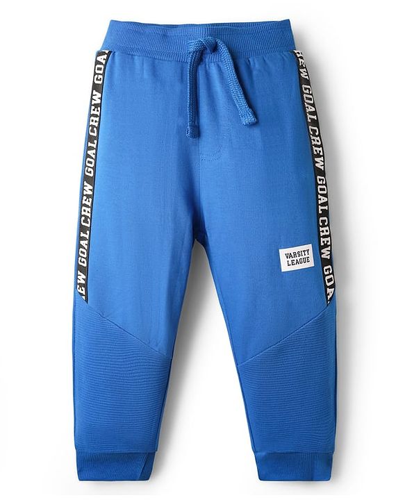 Babyhug French Terry Knit Full Length Cut & Sew Lounge Pant with Text Print - Blue