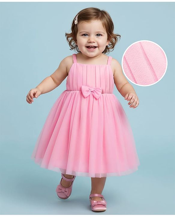 Babyhug Woven Sleeveless Fit & Flare Solid Coloured Mesh Partywear Dress With Bow - Pink