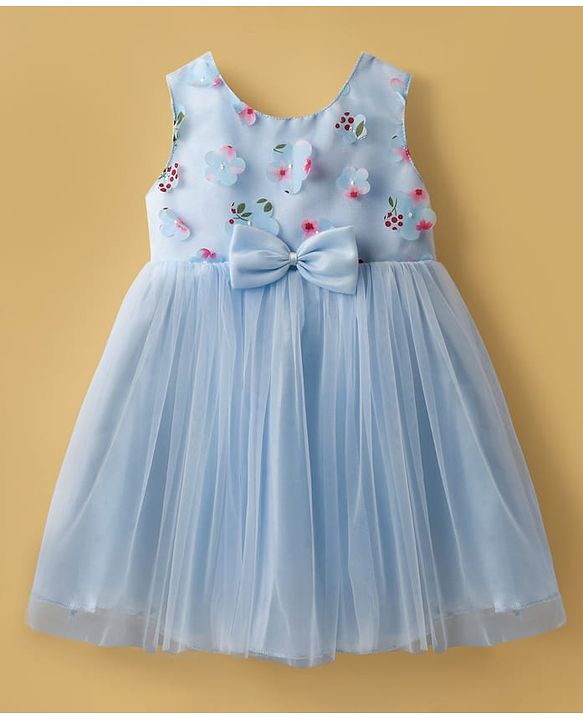 Babyhug Woven Sleeveless Mesh Party Dress with Bow & Floral Applique - Light Blue