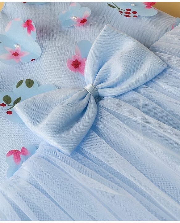 Babyhug Woven Sleeveless Mesh Party Dress with Bow & Floral Applique - Light Blue