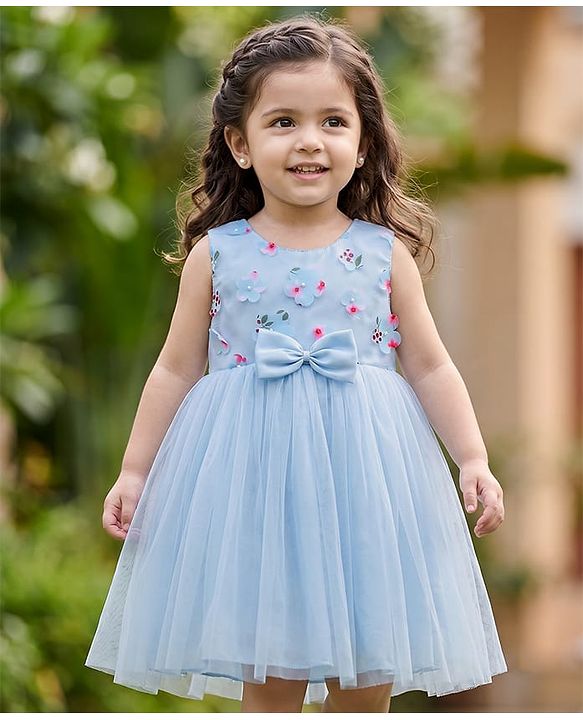 Babyhug Woven Sleeveless Mesh Party Dress with Bow & Floral Applique - Light Blue
