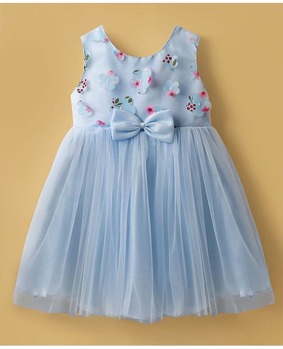 Babyhug Woven Sleeveless Mesh Party Dress with Bow & Floral Applique - Light Blue