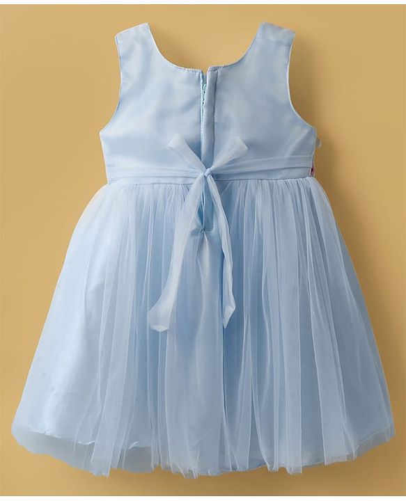 Babyhug Woven Sleeveless Mesh Party Dress with Bow & Floral Applique - Light Blue
