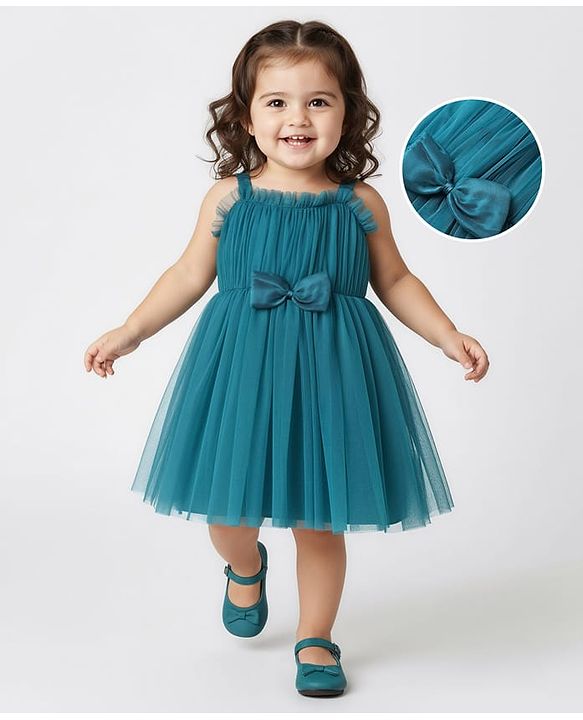 Babyhug Woven Sleeveless Party Dress With Bow Applique & Mesh Detailing - Teal Blue