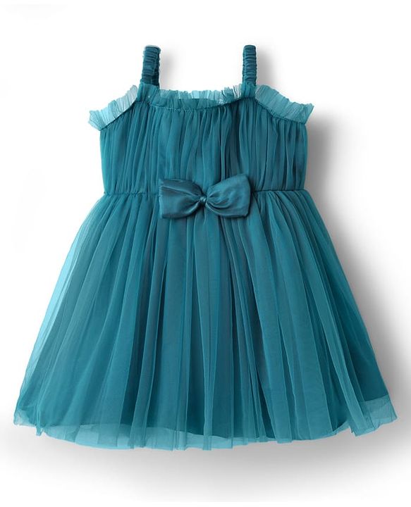 Babyhug Woven Sleeveless Party Dress With Bow Applique & Mesh Detailing - Teal Blue