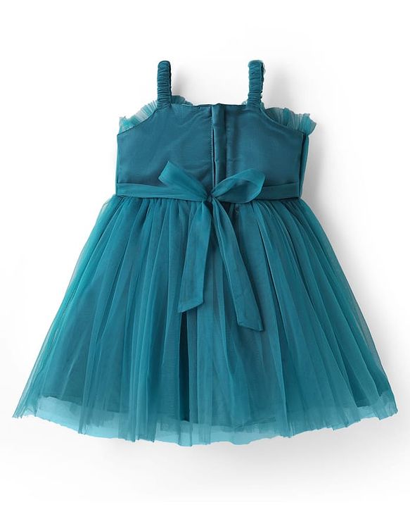 Babyhug Woven Sleeveless Party Dress With Bow Applique & Mesh Detailing - Teal Blue