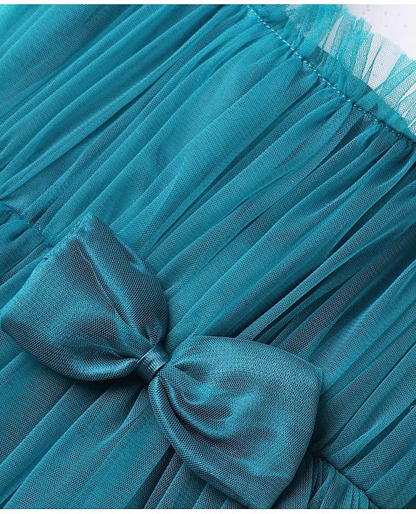 Babyhug Woven Sleeveless Party Dress With Bow Applique & Mesh Detailing - Teal Blue
