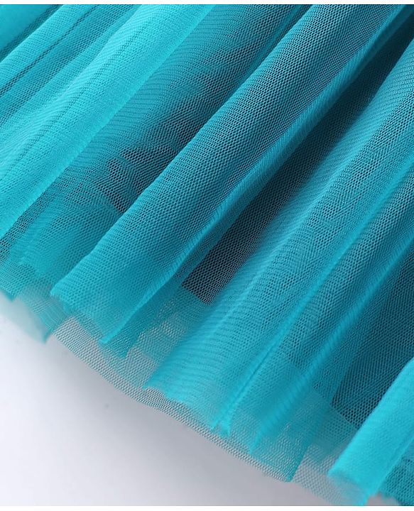Babyhug Woven Sleeveless Party Dress With Bow Applique & Mesh Detailing - Teal Blue