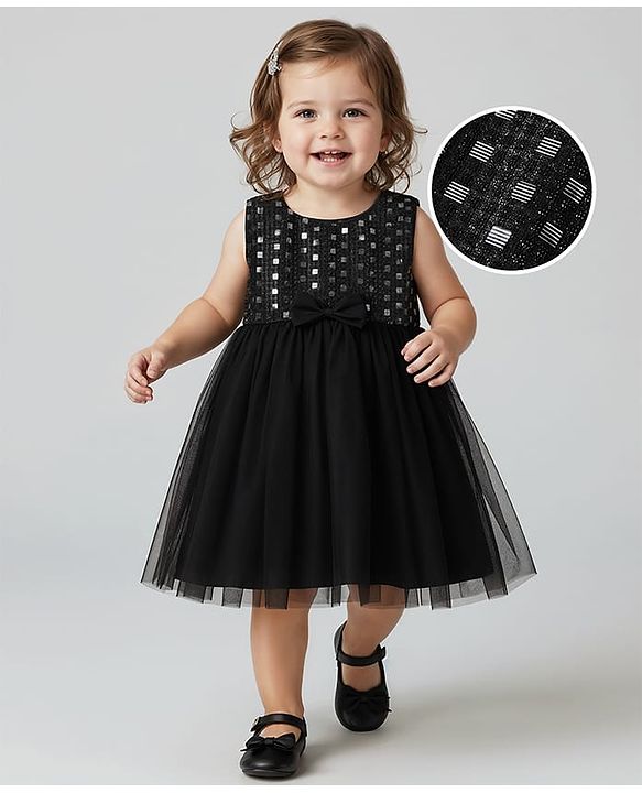 Babyhug Woven Sleeveless Mesh Party Dress with Yoke Embellishment - Black