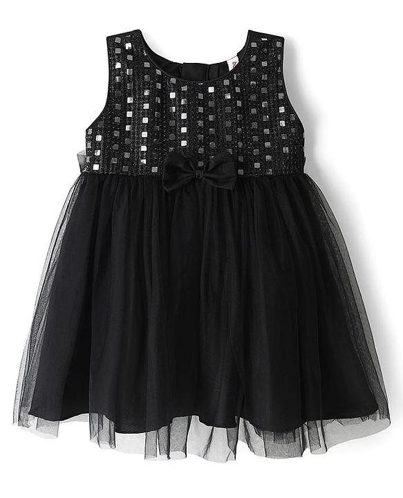 Babyhug Woven Sleeveless Mesh Party Dress with Yoke Embellishment - Black
