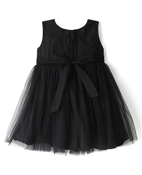 Babyhug Woven Sleeveless Mesh Party Dress with Yoke Embellishment - Black