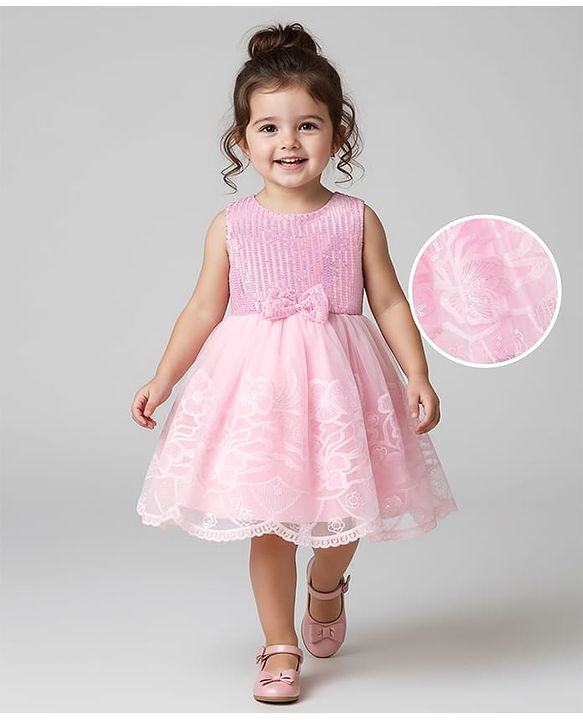 Babyhug Sleeveless Sequins & Floral Embroidered Detailing Fit & Flare Mesh Party Dress - Pink