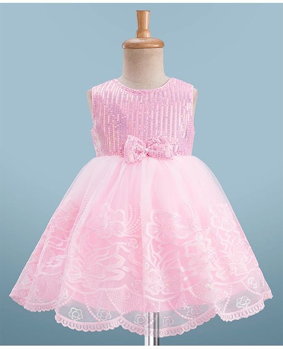 Babyhug Sleeveless Sequins & Floral Embroidered Detailing Fit & Flare Mesh Party Dress - Pink