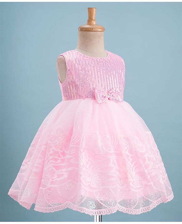 Babyhug Sleeveless Sequins & Floral Embroidered Detailing Fit & Flare Mesh Party Dress - Pink