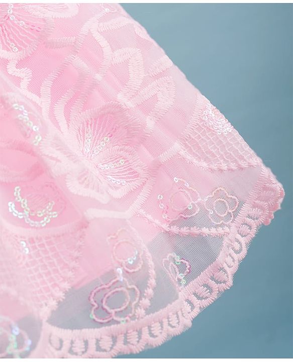 Babyhug Sleeveless Sequins & Floral Embroidered Detailing Fit & Flare Mesh Party Dress - Pink