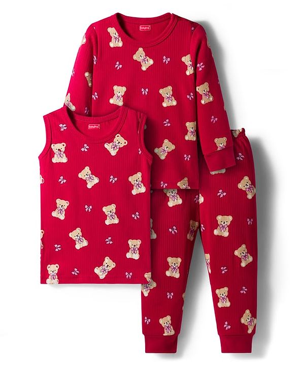 Babyhug Knit Full Sleeves Co-ords Pullover Thermal Wear Set with Bear Print - Maroon