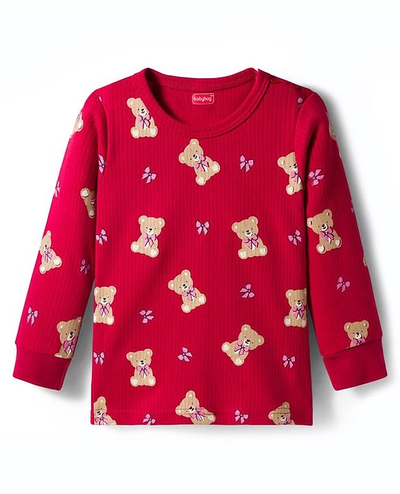 Babyhug Knit Full Sleeves Co-ords Pullover Thermal Wear Set with Bear Print - Maroon