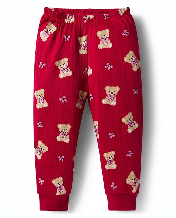 Babyhug Knit Full Sleeves Co-ords Pullover Thermal Wear Set with Bear Print - Maroon