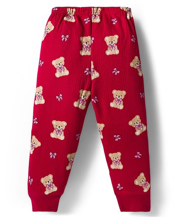 Babyhug Knit Full Sleeves Co-ords Pullover Thermal Wear Set with Bear Print - Maroon