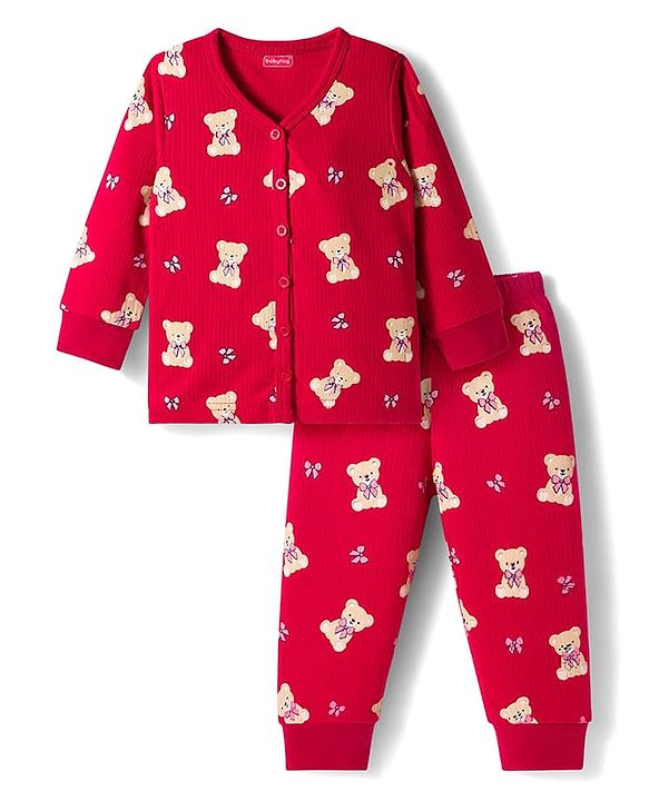 Babyhug Knit Full Sleeves Bear Printed Co-ords Thermal Vest & Pant Set - Maroon
